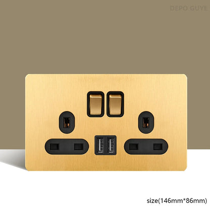 Retro Wall Light Toggle Switch Dual EU FR Socket Gold Stainless Steel Brushed Panel  Vintage Brass Lever For Home Improvement