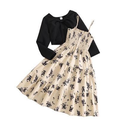 Kid Girl Long Sleeve Bow Design Coat & Beige All Print Shirred-Bodice Sling Dress Set Cute Sweet Elegant Princess Dress For Kids