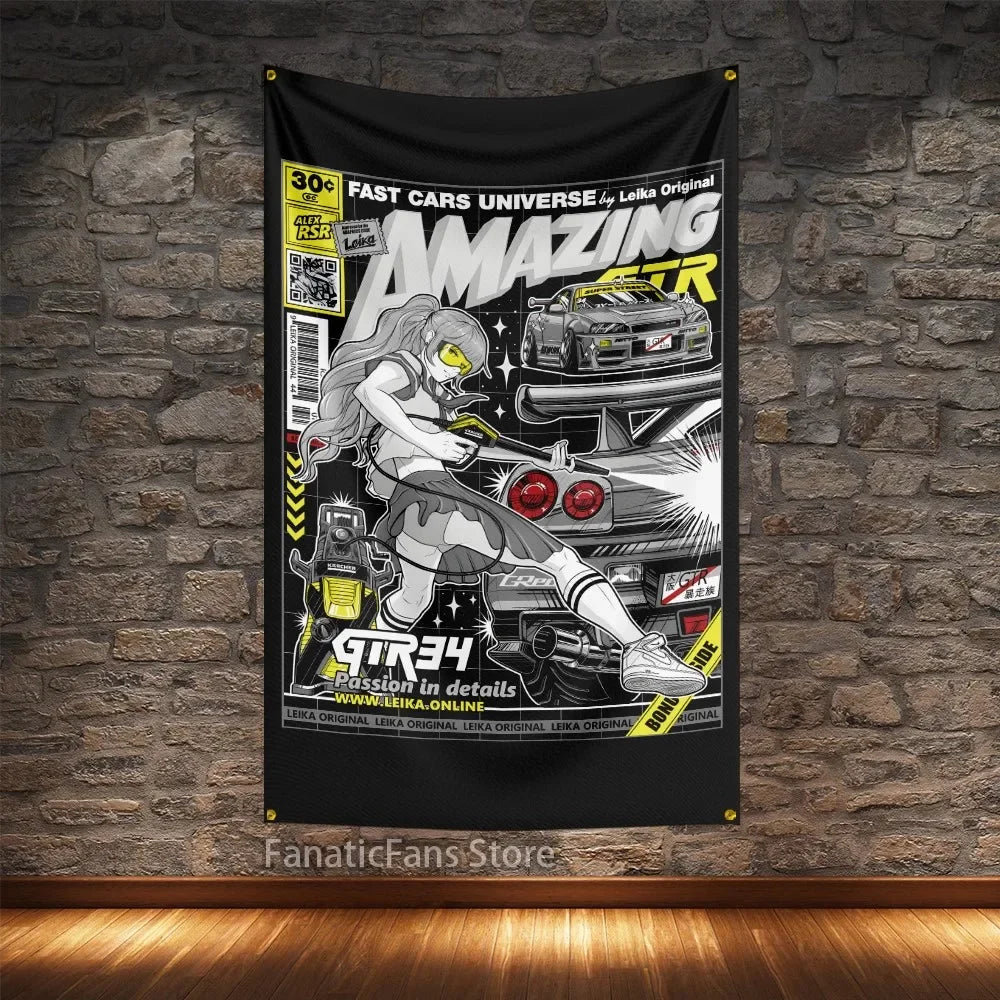 JDM Modified Racing Car Flagge Polyester Digital Printing Cars Banner For Decoration