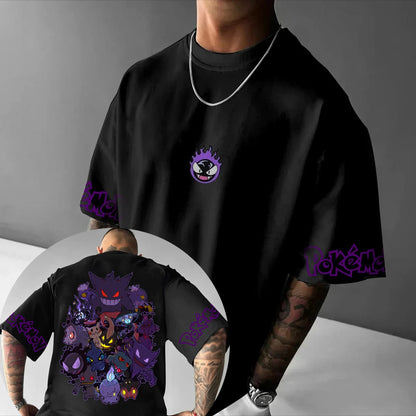 Pokémon Animation Derivatives Gengar Printing T-shirt Men's and Women's Summer Oversize Loose Cotton Street Trend Brand Top