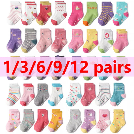 12 Pairs Kids Socks Sets for Baby Girls Cotton Non-slip Cute Cartoon Patterned Breathable Baby Trampoline Floor Socks