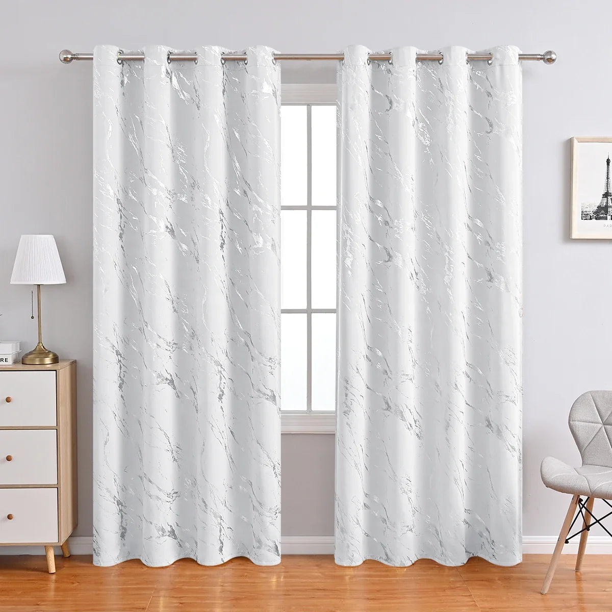 1pc Modern Marble Printed Curtain with Silver Stamping, One Panel High-Precision Curtain, Living Room, Bedroom Curtains
