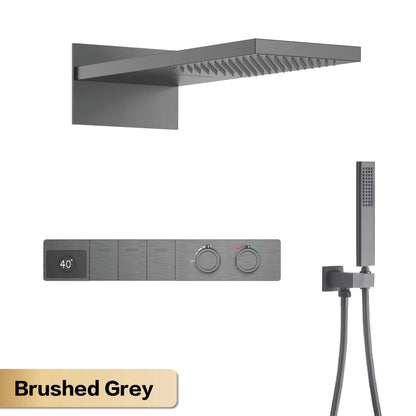 Luxury Gun Grey Brass Constant Wall Temperature Shower System LED Digital Display Cold & Hot Water Wall Mounted Bathroom Faucet