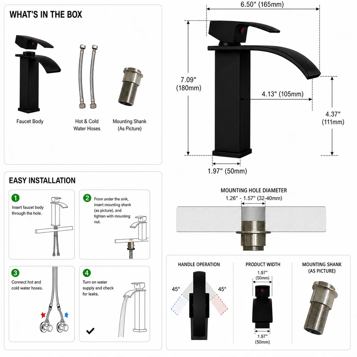 SANIVITAL Basin Faucet Matte Black Waterfall Spout Single Handle Hot Cold Bathroom Sink Mixer Tap Deck Mounted