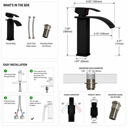 SANIVITAL Basin Faucet Matte Black Waterfall Spout Single Handle Hot Cold Bathroom Sink Mixer Tap Deck Mounted