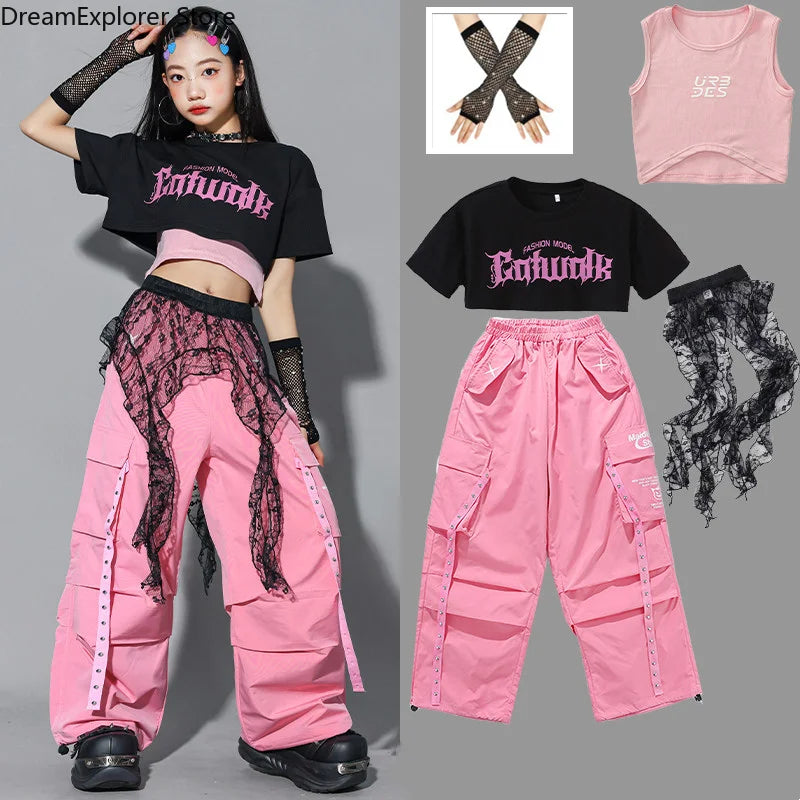 Girls K-pop Crop Top Street Dance Tiered Skirt Cargo Pants Children Costume Kids Hip Hop Streetwear Jazz Girl Group Clothes Sets