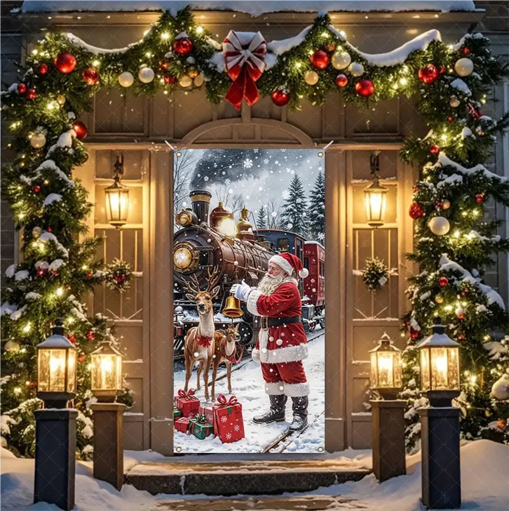 Christmas Theme Santa And Elk Backdrops Snowman Hanging Door Banner Indoor Outdoor Veranda Xmas Curtain Cover Festive Supplies
