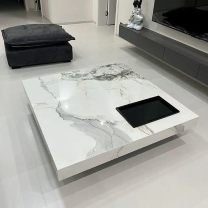 Modern Luxury Coffee Table Sintered Stone Square Tea Table Stainless Steel Marble Look Center Table Living Room