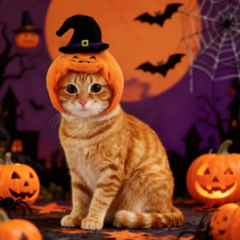 Halloween Pumpkin Plush Pet Hat - Cute Cat Dog Woven Warm Headdress for Kitten Puppy Cosplay Costume Accessory