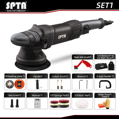 SPTA 5 Inch 780W Dual Action Car Polisher Auto Orbit 15mm Polishing Machine with Sponge Pads Accessories for Vehicle Buffing