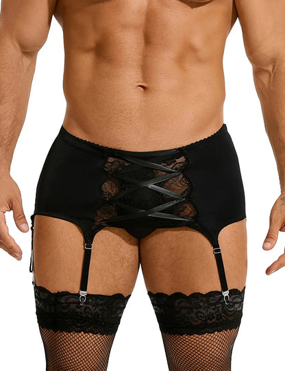 Men's Shiny Swim Fabric Lace Garter Belt | 6 Elastic Straps Adjustable Cross Strap Suspender Underwear