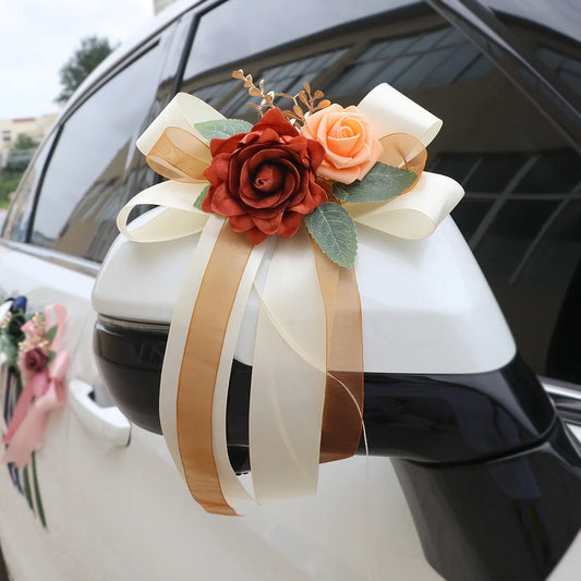 Yannew 6pcs Multi-use Wedding Car Door Handle Decoration Flowers Car Rearview Mirror Flower Just Married Auto Decor Accessories