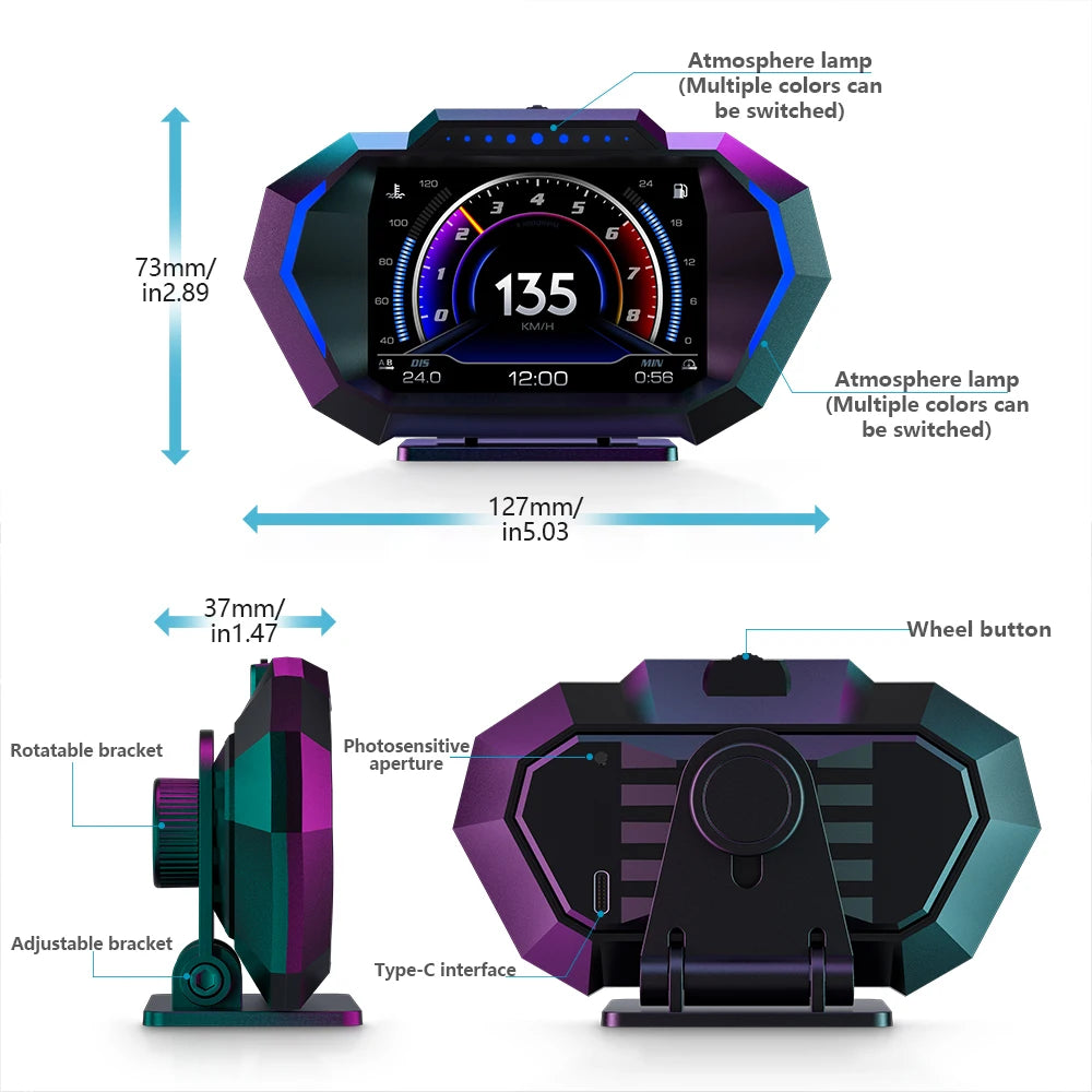 OBD2 + GPS HUD P24 OBD Head Up Display Car Digital Speedometer Fuel Consumption Water Temp Voltage Press Slope Meter With Alarm