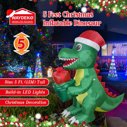 1.5m Christmas Inflatable Dino Giftbox LED Lighted Blow Up Outdoor Yard Lawn Decoration for Home Garden Winter Holiday Party