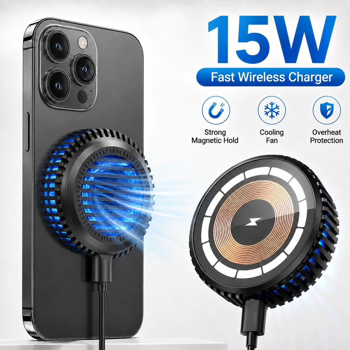 15W Magnetic Wireless Charger with Cooling Fan, Type C Pad for iPhone 17 16 15 14 and Samsung Galaxy S26 S25 with Magnetic Case