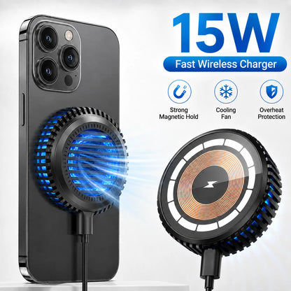 15W Magnetic Wireless Charger with Cooling Fan, Type C Pad for iPhone 17 16 15 14 and Samsung Galaxy S26 S25 with Magnetic Case