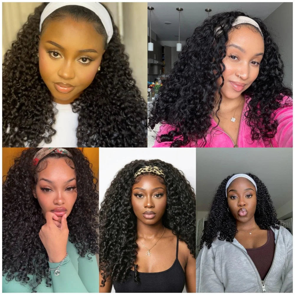 32 Inch Burmese Curly Headband Wig Human Hair 250% Density Machine Made Wig Natural Color Brazilian Prepluck Human Hair Wig
