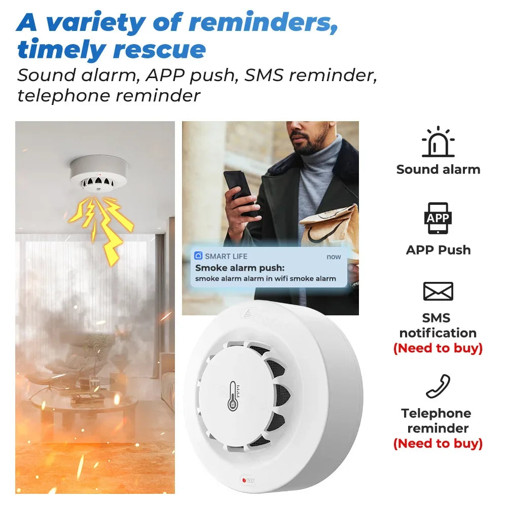 Tuya Wifi BT Two Connection Smoke Detector Temperature Humidity Measurement Device 80dB Sound Alarm Remote Push Alert Function