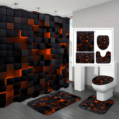 4-piece set of technological blue and black checkered printed waterproof shower curtains with 12 hooks, bathroom floor mats