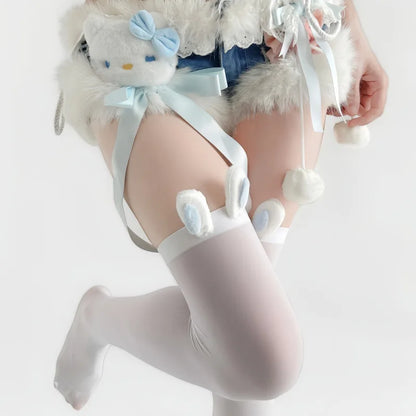 Women Japanese Bunny Ear Thigh High Stockings Thin Sheer Lolita Long Socks Sweet Aesthetic Over Knee Legwear For Dress Matching