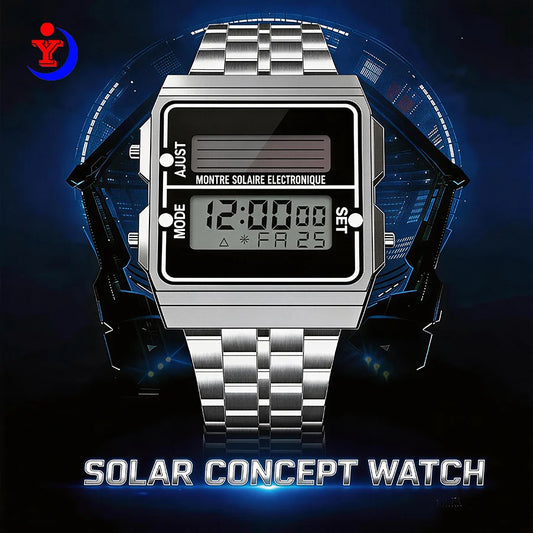 Retro Silver Metal Square Solar Watch Men | 30M Waterproof Electronic Wristwatch with Alarm, Chronograph, Date/Week Display