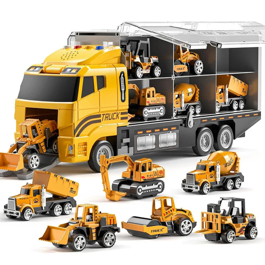Large Music and Light Container Truck Toy Children's Simulation Engineering Vehicle Set with 6PCS Alloy Car Toy Car Model