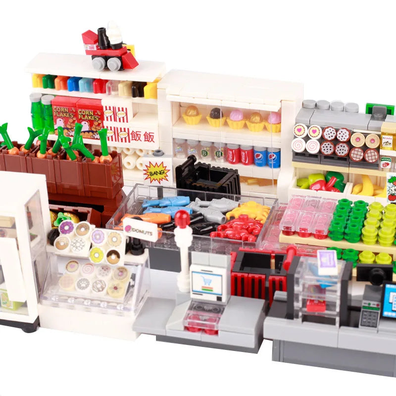 MOC City Supermarket Shop Store Building Blocks Street View Drink Food Vegetable Food Accessories Dessert Blocks Printed Bricks