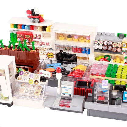MOC City Supermarket Shop Store Building Blocks Street View Drink Food Vegetable Food Accessories Dessert Blocks Printed Bricks