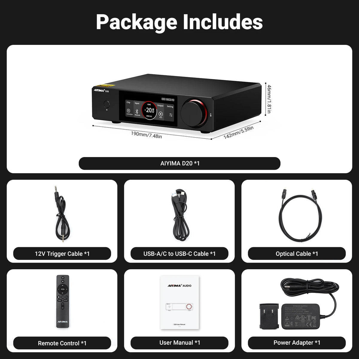 AIYIMA D20 Dual-Chip DAC ES9039Q2M & AK4493S Bluetooth 5.1 ARC USB Coaxial Dual Optical XU316 Fully Balanced HiFi Audio Decoder