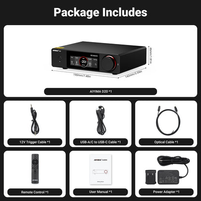 AIYIMA D20 Dual-Chip DAC ES9039Q2M & AK4493S Bluetooth 5.1 ARC USB Coaxial Dual Optical XU316 Fully Balanced HiFi Audio Decoder