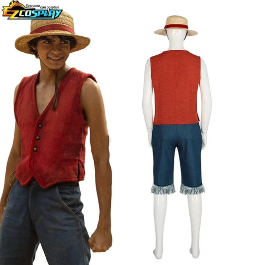 HN8 Luffy Cosplay Monkey D Luffy Costume Red Vest Shorts Hat Rope Anime Outfit Adults Men for Halloween Party8…Gf