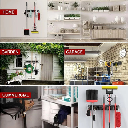 Wall Mounted Mop Holder 3/4/5 Position Multi-Functional Broom Hanger Shelf Kitchen Storage Home Black Plastic Mop Holder