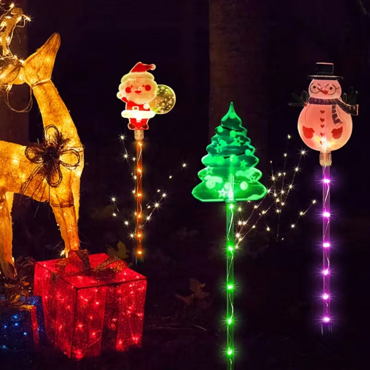 1Set of Solar Santa Claus&Christmas Tree and Elk 6 in 1 Lawn Lights Outdoor Garden Solar Lawn Lights For Lawn Yard Holiday Decor