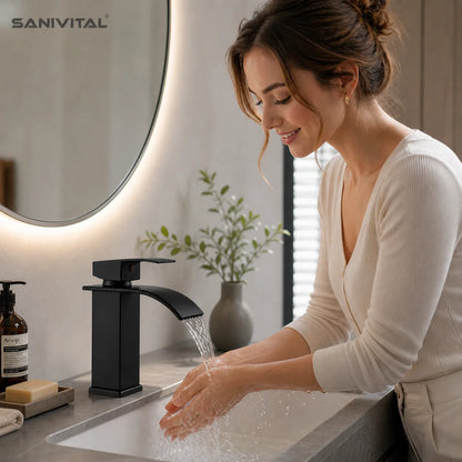 SANIVITAL Basin Faucet Matte Black Waterfall Spout Single Handle Hot Cold Bathroom Sink Mixer Tap Deck Mounted
