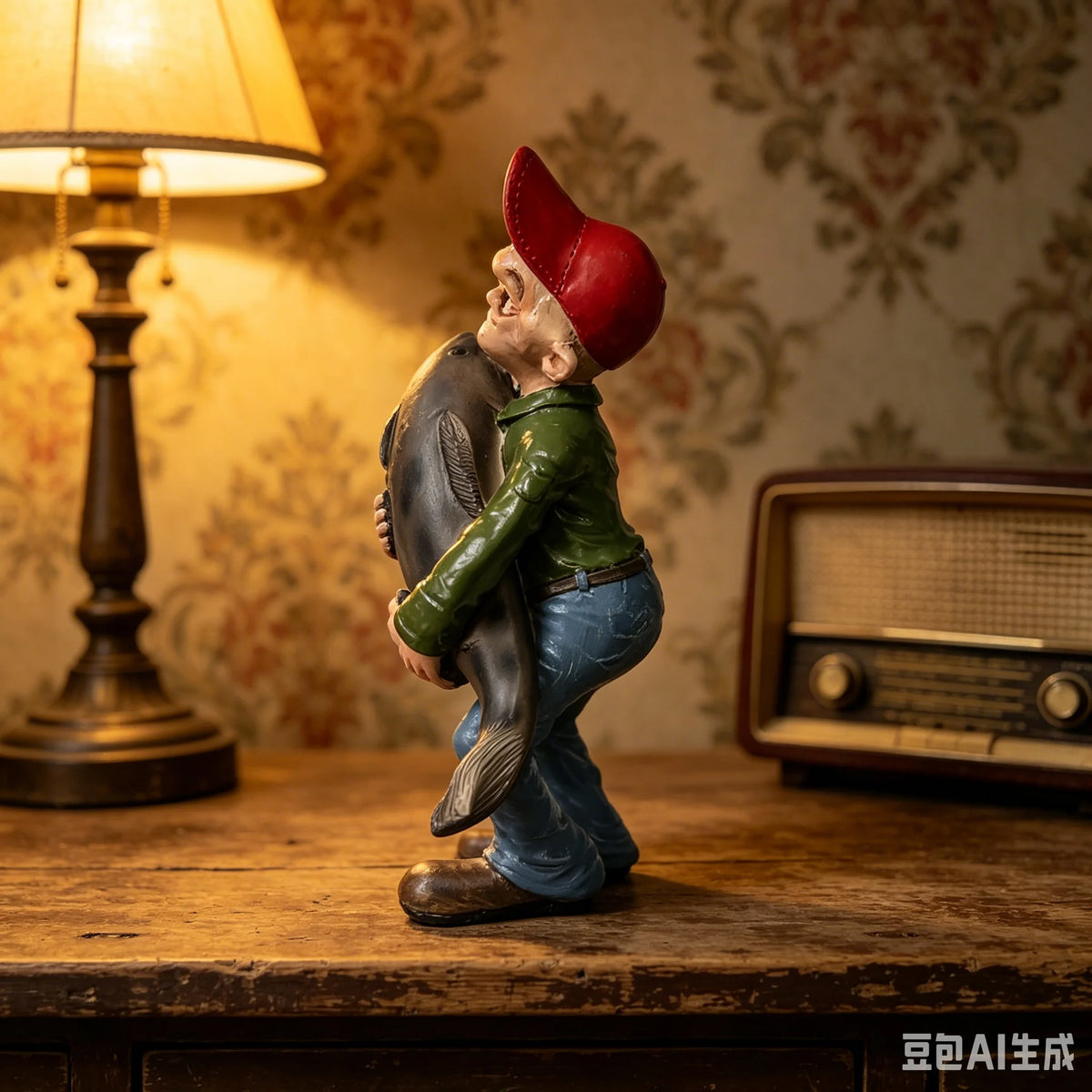 Funny Fisherman Holding Big Fish Sculpture Decorative Resin Statue Ideal Home Office Desktop Decoration Perfect Gift for Men Fat