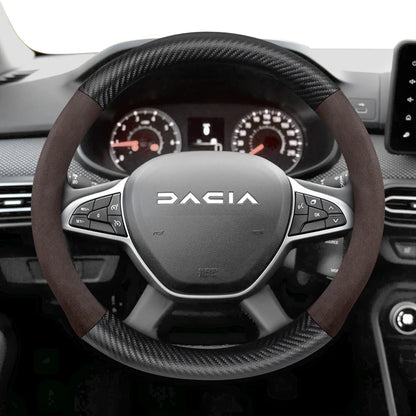 Suitable for Dacia Suede Matte Carbon Fiber Texture Steering Wheel Cover, Suitable for Models Such as Sandero Stepway, Duster, Jogger, Bigster, Spring, Electric, Cargo, Logan, Etc., Black Mocha Car Accessories