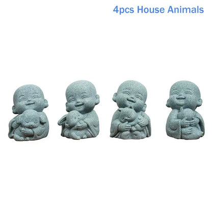 ♫Embracing Animal Monk Statue,Sandstone Finish Zen Baby Buddha Figurine,Mini Spiritual Decor for Home,Office & Garden