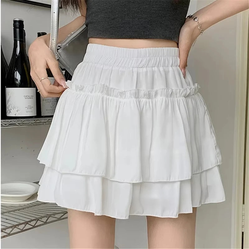 Sweet Cool Kawaii Y2K Puff Mini Skirt Women's Plaid High-Waist Lace Patchwork Bow Casual Dating Skirt  Lolita School Performance