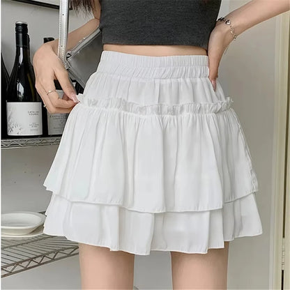Sweet Cool Kawaii Y2K Puff Mini Skirt Women's Plaid High-Waist Lace Patchwork Bow Casual Dating Skirt  Lolita School Performance