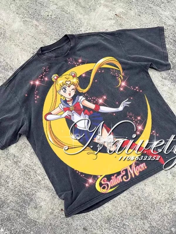 2026 Summer Sailor Moon Print Cotton T-shirt, Unisex Loose Casual Sportswear, Anime Tsukino Usagi Moon Vintage Manga Graphic Tee