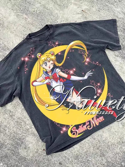 2026 Summer Sailor Moon Print Cotton T-shirt, Unisex Loose Casual Sportswear, Anime Tsukino Usagi Moon Vintage Manga Graphic Tee