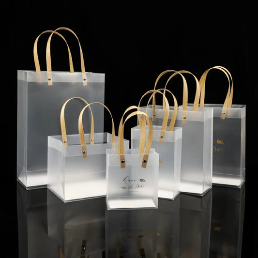 10PCS  Frosted Transparent PP Gift Tote Bag with Wood-Grain Handles, Waterproof & Durable, Multiple Sizes, for Wedding Favors