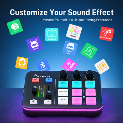 MAONO G1 NEO Gaming Audio Mixer Custom Sound Effects RGB Streaming with XLR Microphone Audio Interface for Game Voice Podcast