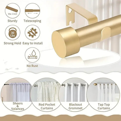 1-Diameter Adjustable Gold Metal Curtain Rod, Extending from 18 to 120 Inches. Sturdy with Modern End Cap Finials. Easy Install