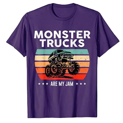 Monster Truck Are My Jam Vintage Tees Retro Sunset Cool Engines T-Shirt Monster Truck Car for Birthday Boy Sons Gifts Cute Tops