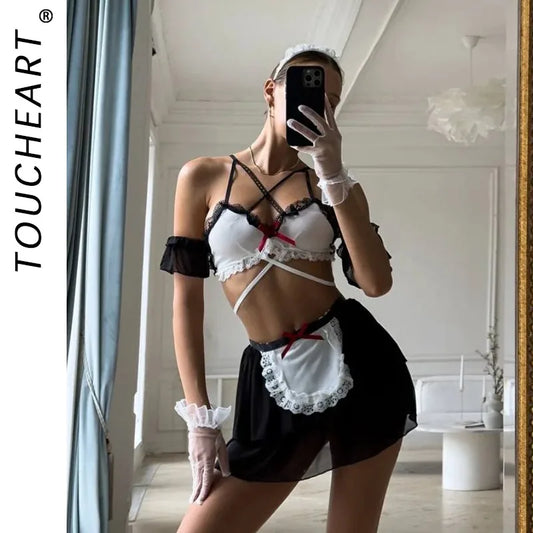 Toucheart Erotic Maid Costume Game Role Playing Hot Girls Sexy Uniform Body Shaping Pure Desire Romantic  See-through Lolita Set