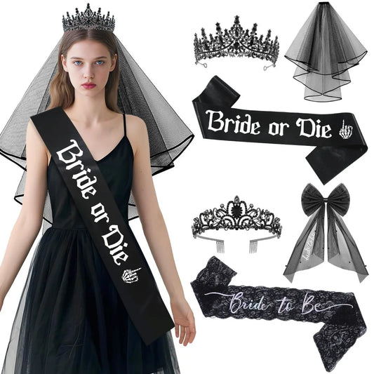 3pcs Gothic Black Bachelorette Accessories Bride To Be Bride or Die Sash Veil Crown Set for Hen Night Wedding Party Decorations