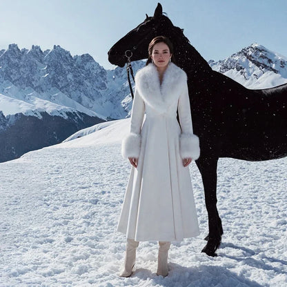 New Elegant Detachable Faux Fur Collar Overcoat Lady Cinched Waist V-neck A-line Dress Flared Coat Winter Formal Party Outerwear