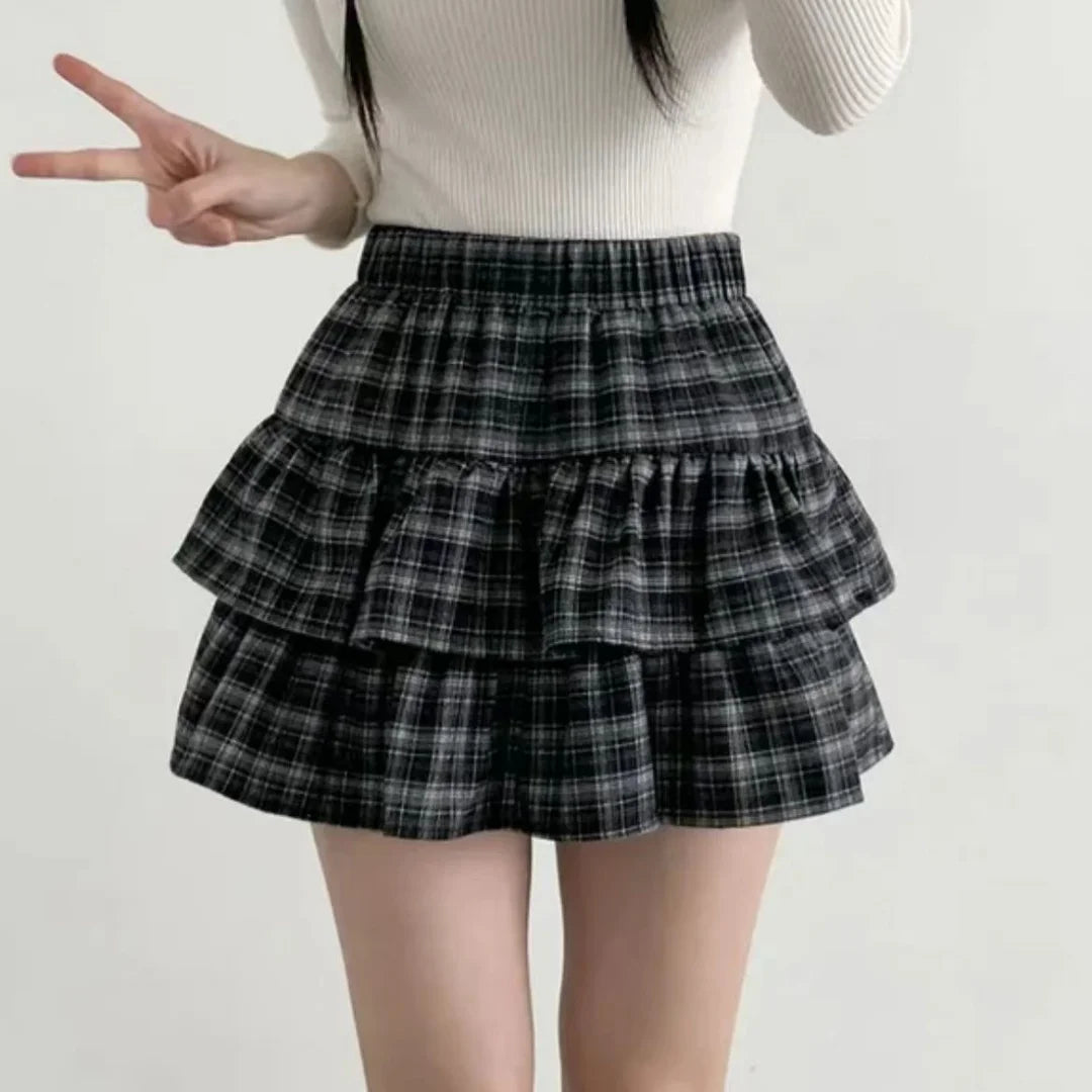 Sweet Cool Kawaii Y2K Puff Mini Skirt Women's Plaid High-Waist Lace Patchwork Bow Casual Dating Skirt  Lolita School Performance