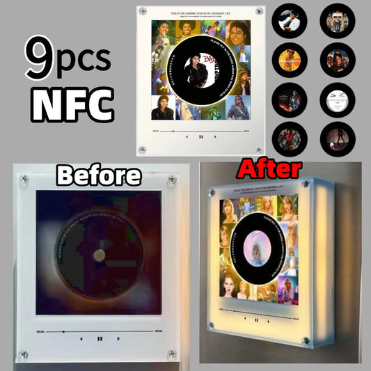 Creative Vinyl Disc Player Fridge Magnet Decor,with 9Pcs NFC Rotating Disc Cards ,NFC Sensing Retro Player With Night Light